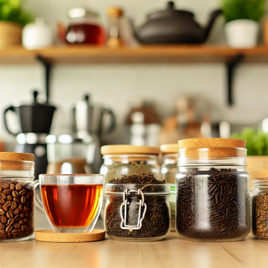 Losse koffiebonen en theebladeren op een gezellige keukentafel, klaar voor een ontspannen moment thuis.