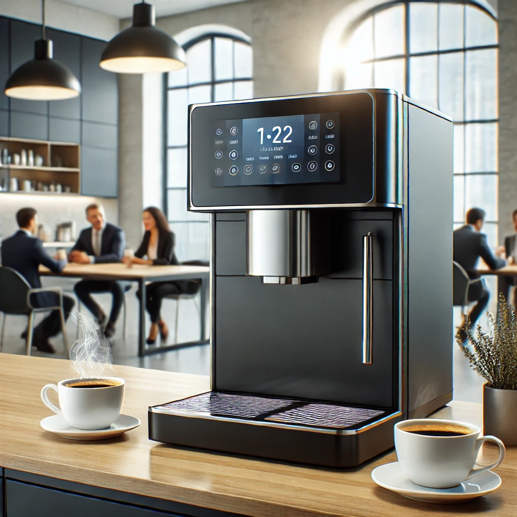 Een moderne volautomatische koffiemachine op een kantoor met dampende kopjes koffie